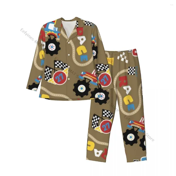 Pigiama da uomo da uomo Pigiama da uomo Cartoon Monster Truck con elementi da corsa per uomo Camicia a maniche lunghe da uomo Soft Home Loungewear