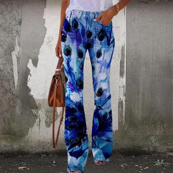 Джинсы Простые дешевые модные женские осенние новые женские джинсы с 3d принтом цветка и бабочки Повседневные удобные брюки-клеш большого размера