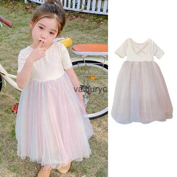 Vestidos de menina garotas vestido de manga curta Princesa Baby Cotton Dresses Light Dressos de Ldren Cruz Cross Prom Roupas Estilo coreano 2021 Summer H240508