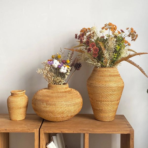 Grande vaso di fiori in rattan Soggiorno Tavolo da pranzo Decorazione Disposizione a secco Casa in stile country 240110