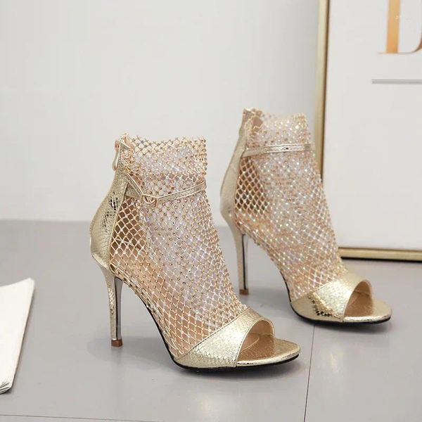 Sapatos de vestido moda primavera ouro glitter strass malha tornozelo sandálias botas de salto alto 10cm sexy botas peep-toe bombas senhora festa