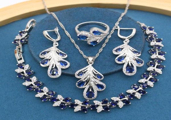 Brincos colar pedras azuis reais conjuntos de joias cor prata para mulheres pulseira de casamento anel presente de aniversário 4817335