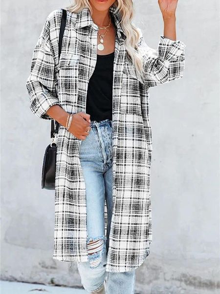 Camicette da donna Casual Risvolto Manica lunga Monopetto Giacca Capispalla Agnello in pile scozzese Patchwork Trench retrò