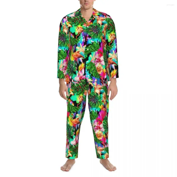 Herren-Nachtwäsche, Flamingo-Druck, Pyjama-Sets, niedlich, weich, langärmelig, Vintage-Nacht, 2-teilig, Nachtwäsche, Übergröße 2XL