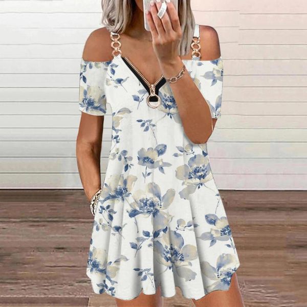 Vestidos casuais mulheres ombro frio manga curta vestido zíper v pescoço impressão camisa sexy verão praia