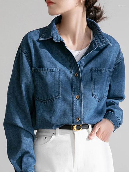 Kadınlar bluzları ohryiyie mavi vintage denim bluz kadınlar 2024 bahar sonbahar moda uzun kollu jean gömlek kadın tüm maç üstleri bayan