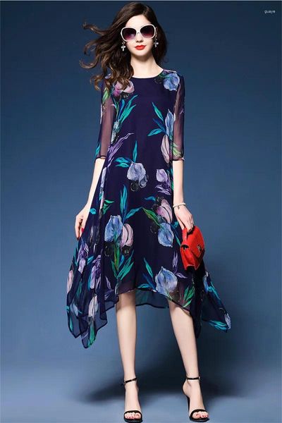 Бальные платья 2024, весенне-летнее платье с цветочным принтом, женское шелковое шифоновое женское элегантное свободное повседневное платье с коротким рукавом, WXF910