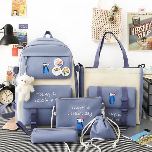 School Bags Women's Canvas Bag Korean-Style Harajuku Trendy Large Capacity Five-Piece Set Middle Students' Backpack College Students