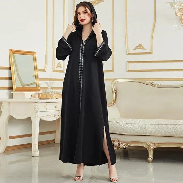 Vestidos de festa árabe maxi para mulheres muçulmano com capuz outono e inverno com decote em v preto robe dubai abaya sólido vestido de manga completa