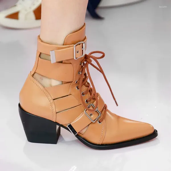 Botas Chunky Heels Cut-outs Lace-up Ankle Mulheres Apontadas Toe Grande Fivela Decorada Retro Vestido Festa Rnway Sapatos 2024