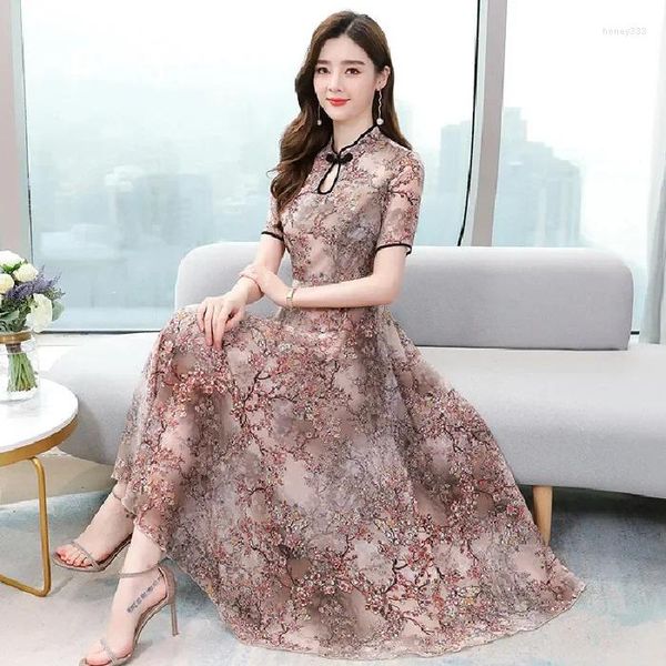 Abiti casual Stile cinese Moda donna Stampa floreale Cheongsam Vintage Manica corta Abito lungo Elegante abbigliamento da festa per ragazza