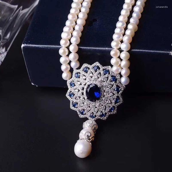 Ожерелья с подвесками из натурального белого жемчуга, многокруглое ожерелье, инкрустированное синим цирконом, круглое, слегка дефектное, модное ювелирное колье высокого уровня