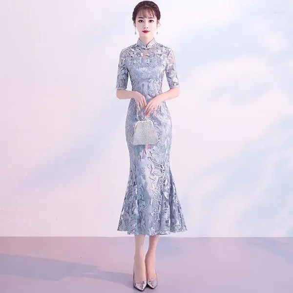 Etnik Giyim Çin Geleneksel Düğün Cheongsam Elbise Uzun Nakış Qipao Retro Dantel Tost Kadınlar İçin Yenilik Kıyafetleri