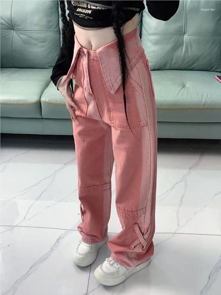 Damesjeans Lente Herfst Roze Lange Broek Vrouwen Onregelmatige Hoge Taille Mode Koreaanse Stijl Dames Broek Losse Geplooide Vrouw