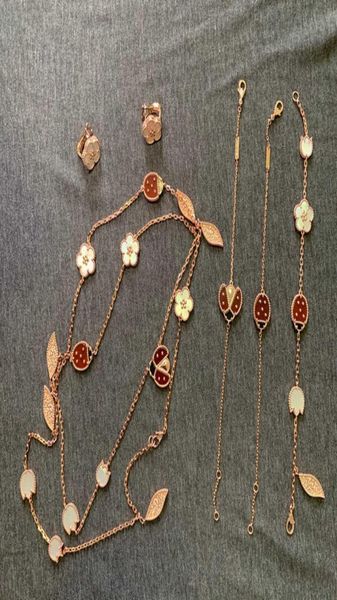 Marca pura 925 prata esterlina jóias para mulheres joaninha folha de cereja conjunto de jóias de casamento brincos colar pulseira luxo rose1336619