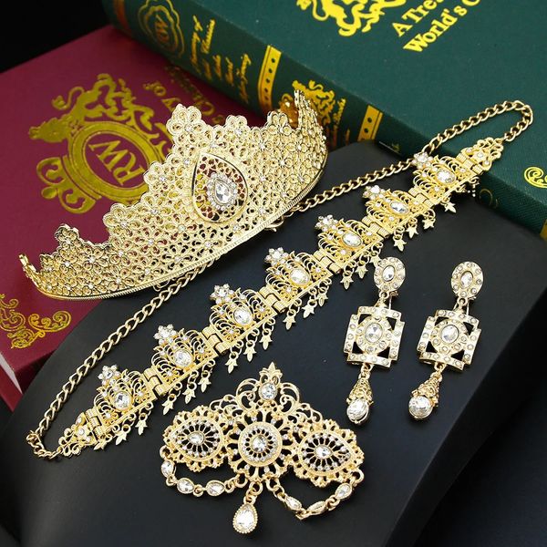 Sunspicems Traditionelle marokkanische Tiaras Krone Goldfarbe Algerien Frauen Haarkette Kristall Haarschmuck Braut Hochzeit Schmuck 240110