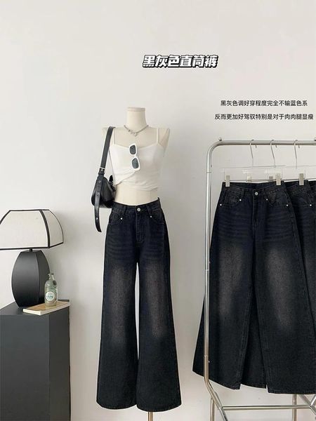 Jeans High Street Casual Reißverschluss Jeans Korean Fashion Punk gewaschen schwarze Straße Baggy Wide Legoseren Jeanshose 2000er Ästhetik