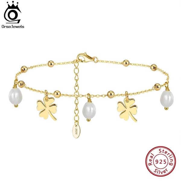 Cavigliere ORSA JEWELS Cavigliere in oro 14K con perle d'acqua dolce naturali con catena a quadrifoglio per le donne Moda Estate Catena alla caviglia SA54