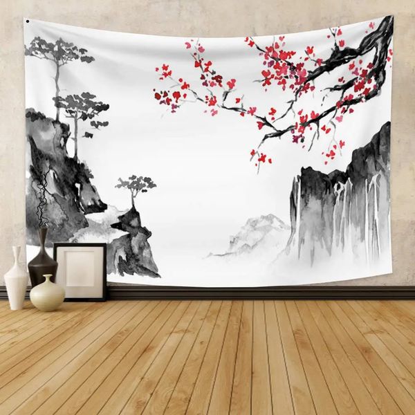 Tapeçaria chinesa asiática flor de cerejeira japonesa natureza paisagem tapeçarias para quarto sala de estar decoração de casa 240111