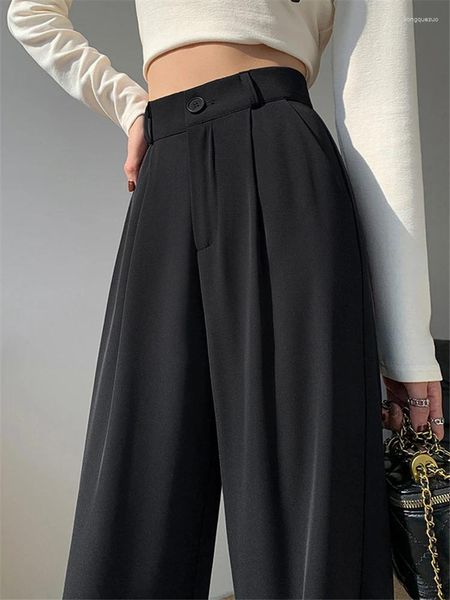 Frauen Hosen Frühling Sommer Feste Hohe Taille Anzug Breite Bein 2024 Schwarz Weibliche Elegante Minimalismus Gerade Lose Hosen