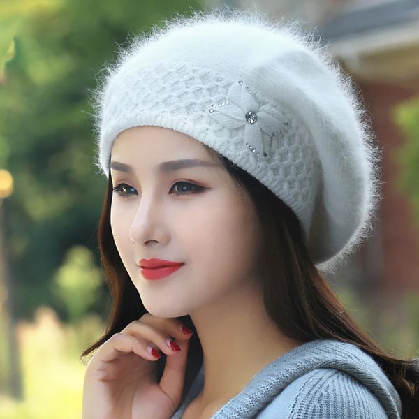 Novo chapéu de cabelo de coelho feminino inverno grosso proteção de orelha chapéu de lã de malha coreano moda boina tendência 240110