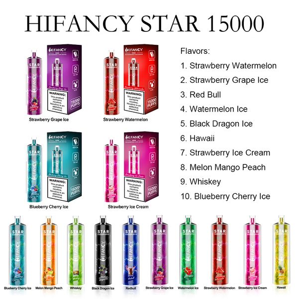 Оптовая продажа Vape Factory Hifancy Star 15000 Puffs Электронная сигарета Одноразовая ручка Vape Электронная сигарета Puff Vapes Одноразовый испаритель для электронных сигарет