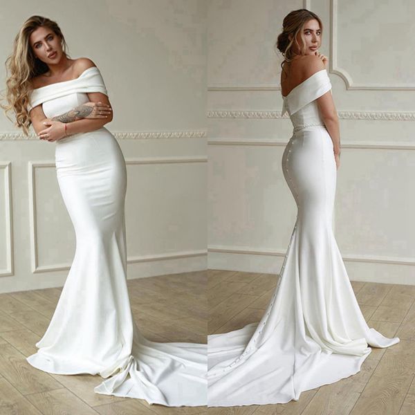 Abito da sposa a sirena con spalle scoperte per la sposa Abiti da sposa avorio senza maniche per donne nere Abito da sposa in raso elastico per ragazze Abiti da sposa stile semplice da spiaggia D053