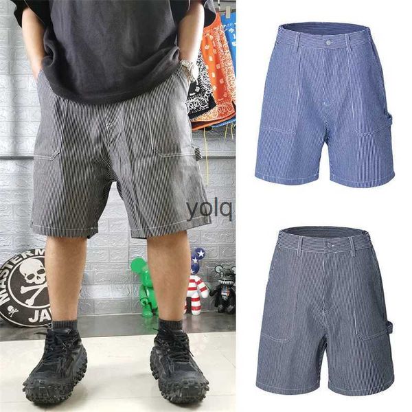 Shorts masculinos vintage listrado jeans shorts para homens verão americano shorts soltos casual reta carga calçasyolq