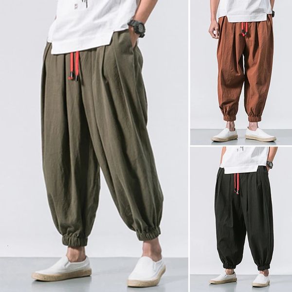 Pantaloni stile harem in cotone e lino da uomo, tinta unita, elastico in vita, pantaloni streetwear, pantaloni larghi con cavallo basso 240111