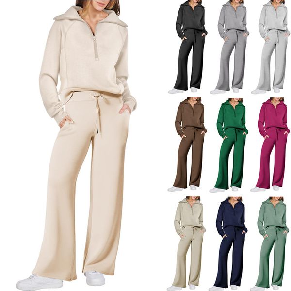 Zweiteilige Damenhose, Damen-Outfits, Sweatsuit-Set, Sweatshirt mit Viertelreißverschluss, weites Bein, Jogginghose, Petite-Anzüge, Hochzeitskleid für Gäste