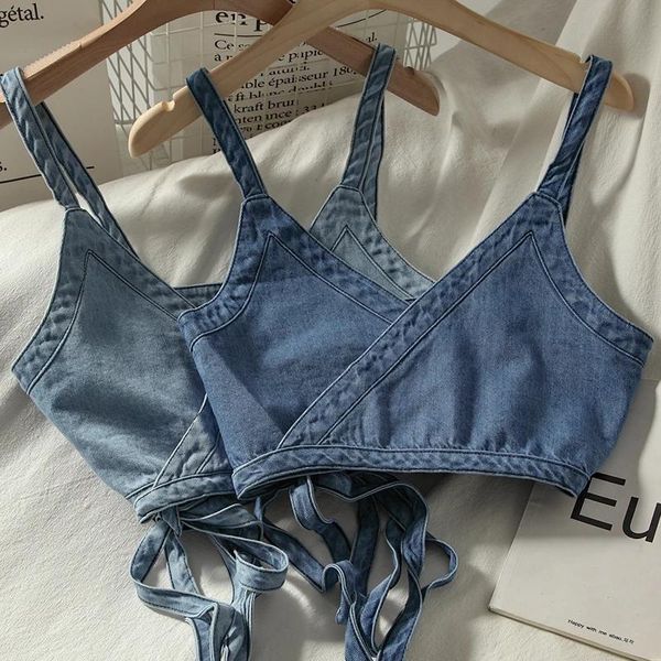 Jeans Camis Kadınlar İçin Kot Kot Tank Top Kadın Seksi Kayış Denim Yelek Tatlı Kız Kadın Üstü Zarif Fransızca Şık