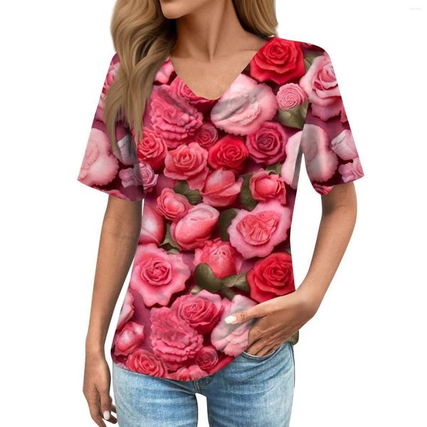 Camisetas para mujer, camiseta a la moda con montones de cuellos, camisetas de manga corta con estampado de amor para el Día de San Valentín, camisetas informales diarias que combinan con todo