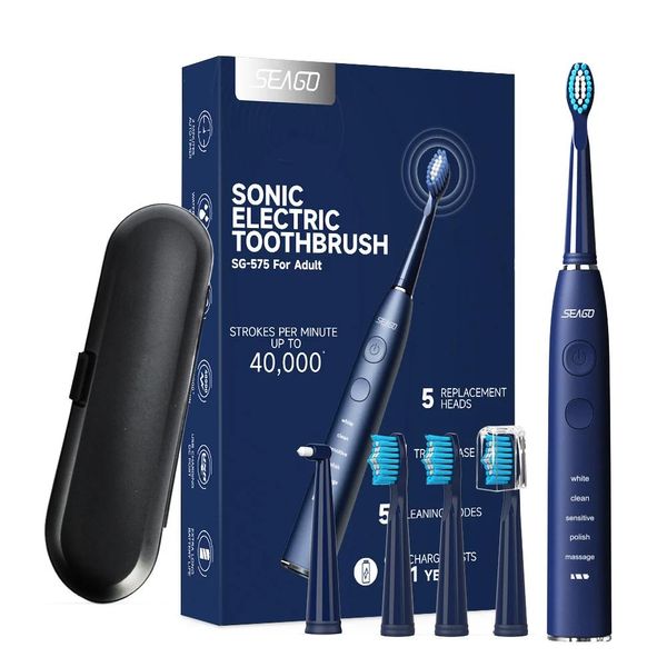 escova de dentes SEAGO Smart recarregável escova de dentes elétrica Sonic para 5 modos pode ser usado 180 dias com 4 cabeças de escova 1 escova interdental SG575