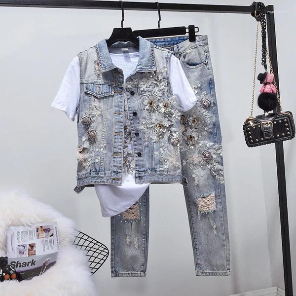 Damen Zweiteilige Hosen Damen Denimsuit Schwere Perlenbestickte Jeansanzug Mädchen Damen Loch Denim Hosen Sets High Street