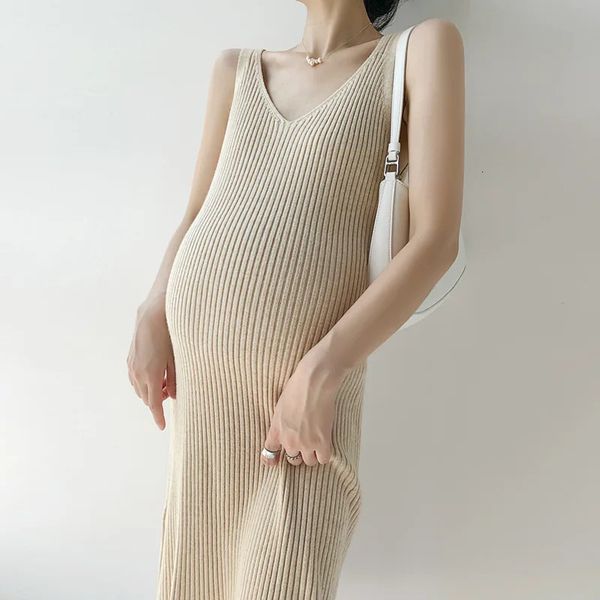 Yeni Hamile Kadın Örme Uzun Etek Zarif Hamile Kadın Giyim 2023 İlkbahar/Yaz Günlük Kolsuz V-Neck Ultra İnce Sweater 240111