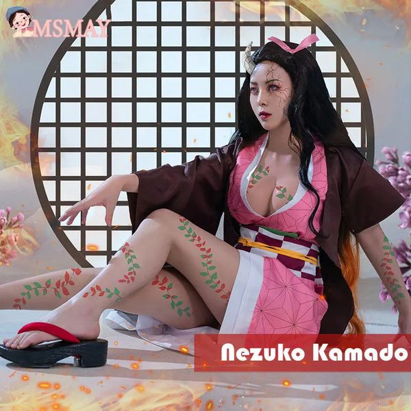 Msmay nezuko kamado cosplay kostüm anime iblis avcısı seksi kadın üniforma cadılar bayramı kıyafet boynuz ile tam set 240110