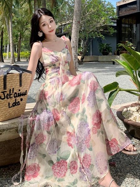 Casual Kleider 2024 Sommer Französisch Chiffon Blumenkleid Vintage Frauen Hosenträger Gedruckt V-ausschnitt Elegante Strand Urlaub Am Meer Lange