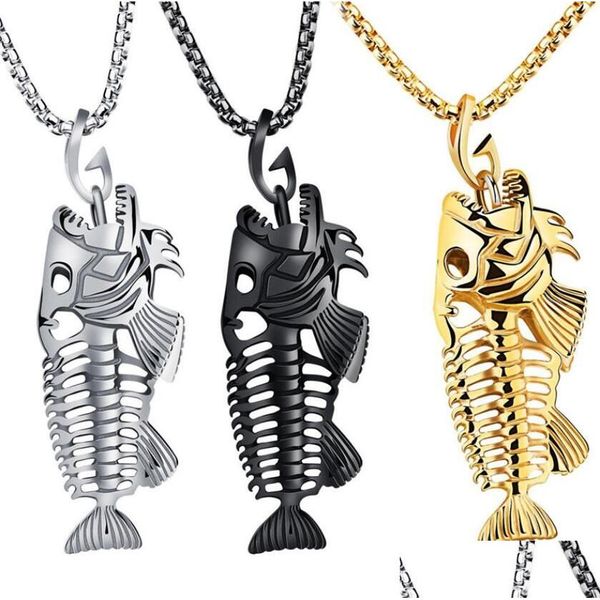 Anhänger Halsketten Hip Hop Kette Für Männer Big Fish Bone Statement Anhänger Halsketten Gold Farbe Edelstahl Angeln Hippie Kpop Jewel Dhdkl