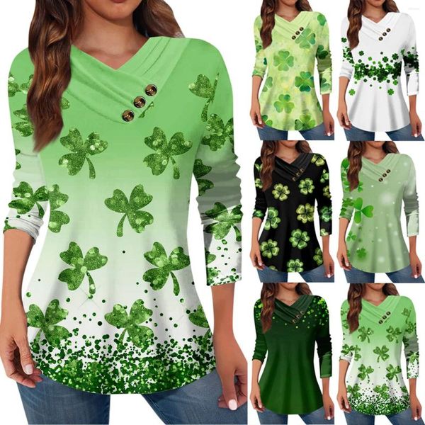 Damen-T-Shirts, Oberteil, lässig, Knopfkragen, Langarmshirt, St. Patrick's Day-Aufdruck, modisches passendes T-Shirt, hochwertige Kleidung