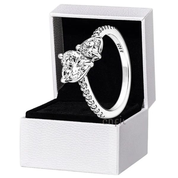 Neuankömmling Doppelherz Funkelnder Ring Massiv 925 Silber Frauen Freundin Geschenk Schmuck Für Pandor Liebhaber CZ Diamant Ringe mit Original-Set-Box