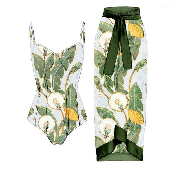 Damen Bademode Lanswe Vintage Print Löwenzahn Badeanzug Einteiliges Bikini Set 2024 Mode Atmosphärischer Badeanzug Spa Resort Strand