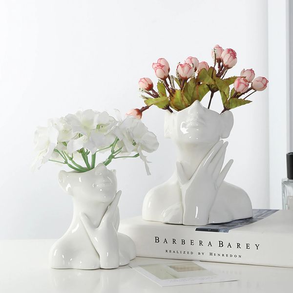 Céramique forme femelle tête moule pot de fleurs ornement de bureau fleurs artificielles stockage visage Vase cadeaux décor à la maison pour salon 240110