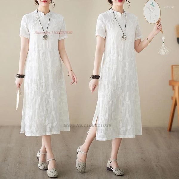 Abbigliamento etnico 2024 Abito Qipao cinese migliorato Fiore nazionale Ricamo Cotone Lino Cheongsam Folk orientale vintage