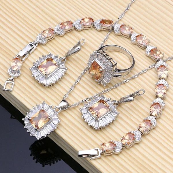 Imposta squisito set di gioielli in argento 925 da donna topazio champagne bianco CZ gioielli orecchino/pendente/collana/anello/braccialetto Dropshipping