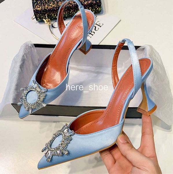 2024 azul feminino bombas de seda cetim dedo do pé pontiagudo cristal sapatos salto alto deslizamento na moda casamento retro sandália