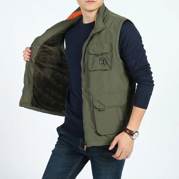 Homens outono inverno colete casual engrossar velo quente colete ao ar livre multi bolso militar pesca caminhadas sem mangas jaqueta 240110