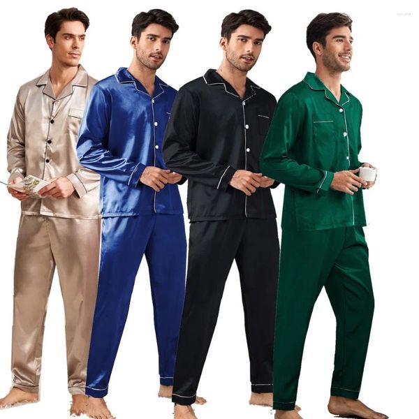 Homens sleepwear primavera verão homens 2pcs pijamas conjunto cor sólida cetim manga longa calças pijamas terno solto lounge wear