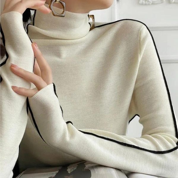 Mulheres suéteres pullovers feminino listrado gola alta quente camisola de malha primavera outono y2k elegante coreano senhora do escritório simples design inferior