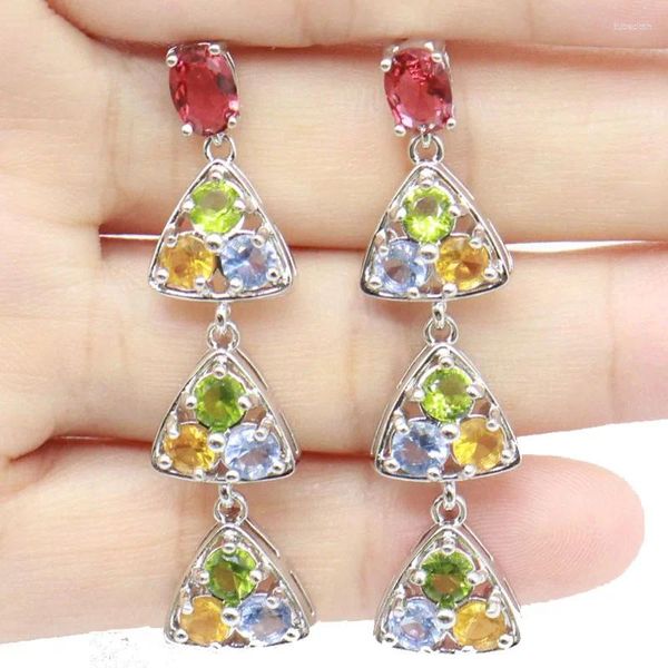 Orecchini pendenti 42x11mm Multi colore Verde Tsavorite Granato Tormalina Peridoto Citrino Viola Tanzanite Bianco CZ Matrimonio Argento