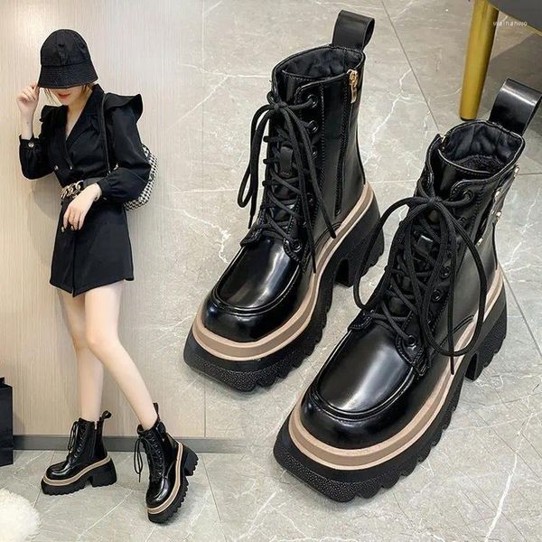 Ботинки, женская повседневная обувь на толстой подошве со шнуровкой на высоком каблуке и платформе, короткая теплая мотоциклетная зима 2024